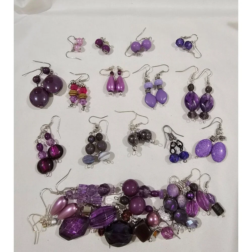 Purple Bead Earrings / Lot of 14 / also miscellaneous mismatched pieces